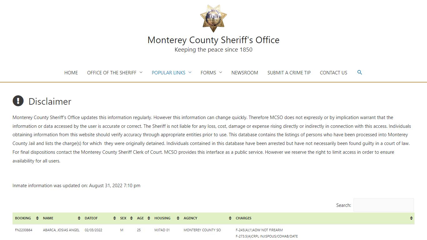 Inmate Information – Monterey County Sheriff's Office